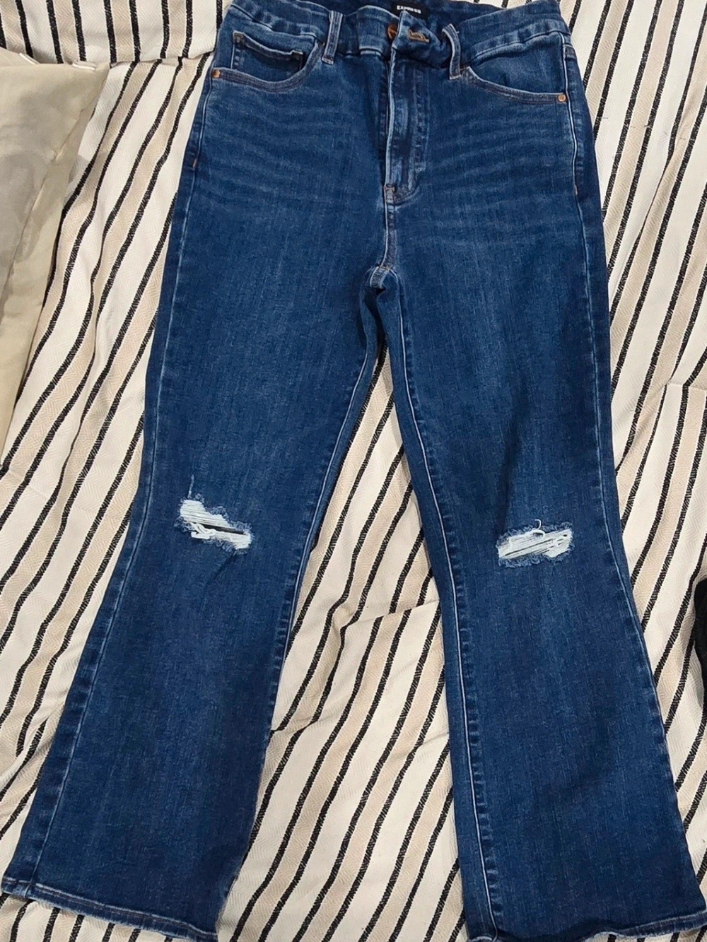 Express Dark Blue Flare Jeans with Knee Distressing